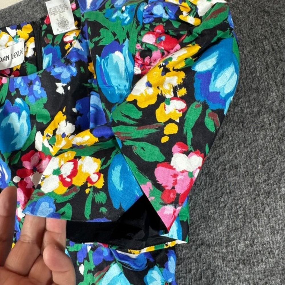 Vintage 80s Colorful Floral Cocktail Dress Size 6 Rhinestone Bow Puff Sleeve - Picture 4 of 13
